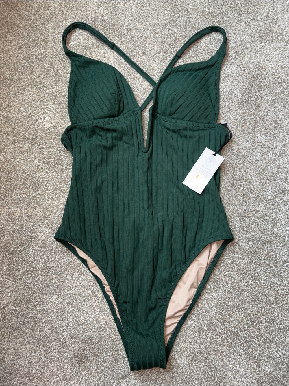 NET Shade Shore Ribbed Deep V One-Piece Swimsuit in Forest Green